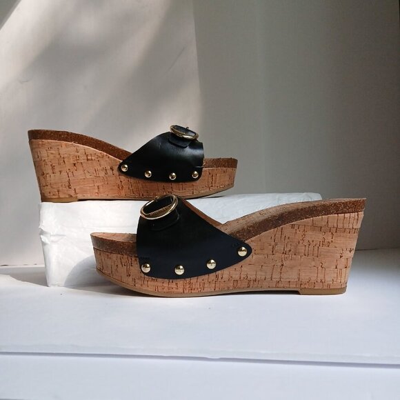Tommy Hilfiger 'Honora' Cork Wedge Black Leather Gold Buckle Slide SandalsSz7.5 - Picture 5 of 9